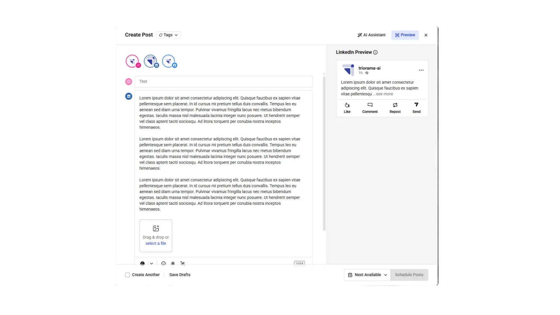 Buffer Post Editor showing multi-platform scheduling interface